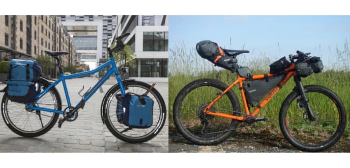   Weniger ist mehr: Bikepacker*innen reduzieren ihr Gepäck auf das Allernötigste: Die Taschen schmiegen sich an die Achsen, um die Agilität des Rads zu erhalten.