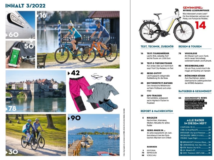   Inhalt: Leichte Tourenräder unter 14 Kilo & E-Bikes mit tiefem Durchstieg im Test – dazu 20 Seiten Reise- und Tourentipps – jetzt in MYBIKE 3/2022. 
