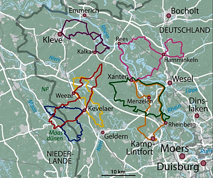 Die 7 Fahrradtouren am Niederrhein in der Übersichtskarte