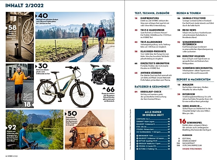   Inhalt: E-Bike-Mittelklasse bis 3500 Euro & Trekkingbikes ab 1000 Euro im Test – dazu über 12 Seiten Komplettrad-Kaufberatung – jetzt in MYBIKE 2/2022. 