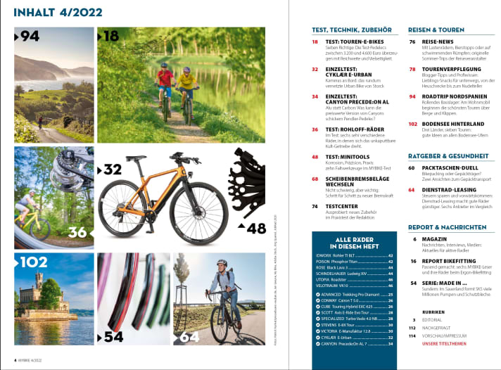 Inhalt: Sechs Räder mit der Rohloff-Kult-Nabe & Touren-E-Bikes der gehobenen Mittelklasse – dazu 20 Seiten Reise- und Tourentipps – jetzt in MYBIKE 4/2022.